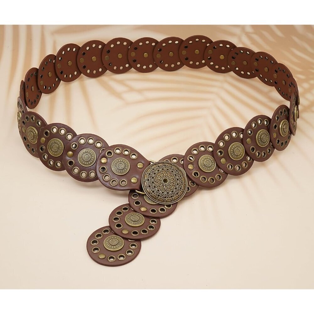 Women Western Leather Belt Disk Concho Boho Waist Accessory for Dresses - Picture 4 of 6